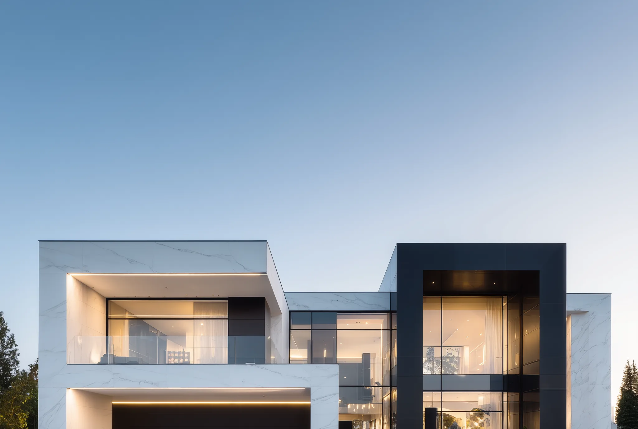 Modern white home with large glazed openings against a clear blue sky