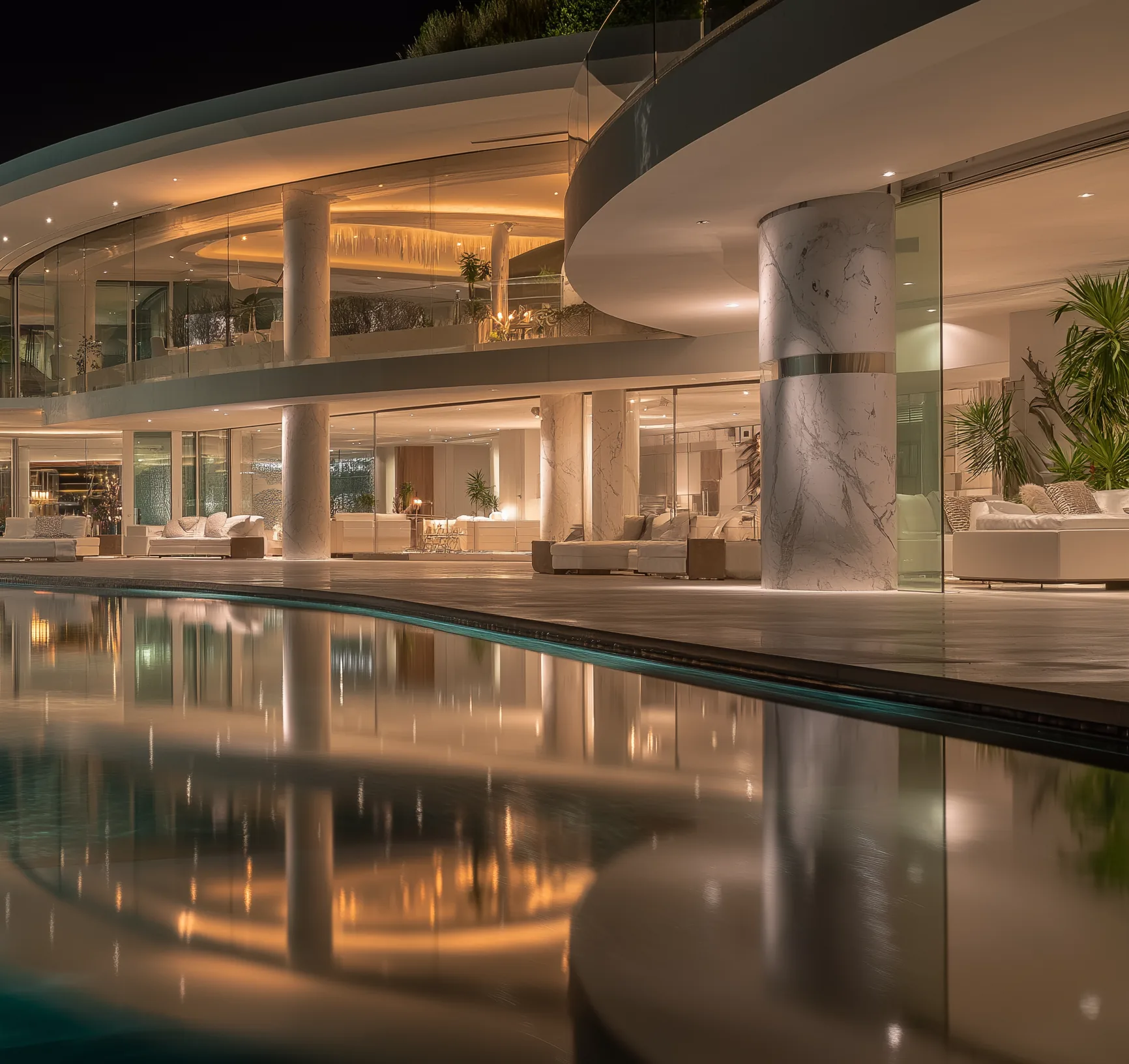 Floor-to-ceiling glass walls of a luxury home reflected in an infinity pool at dusk
