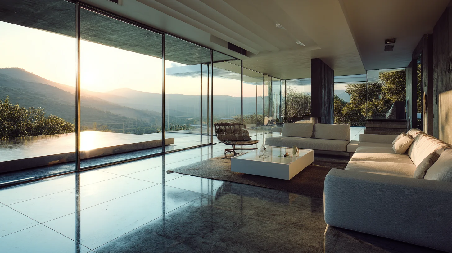 Frameless glass living room with sliding doors opening to a mountain view at sunset