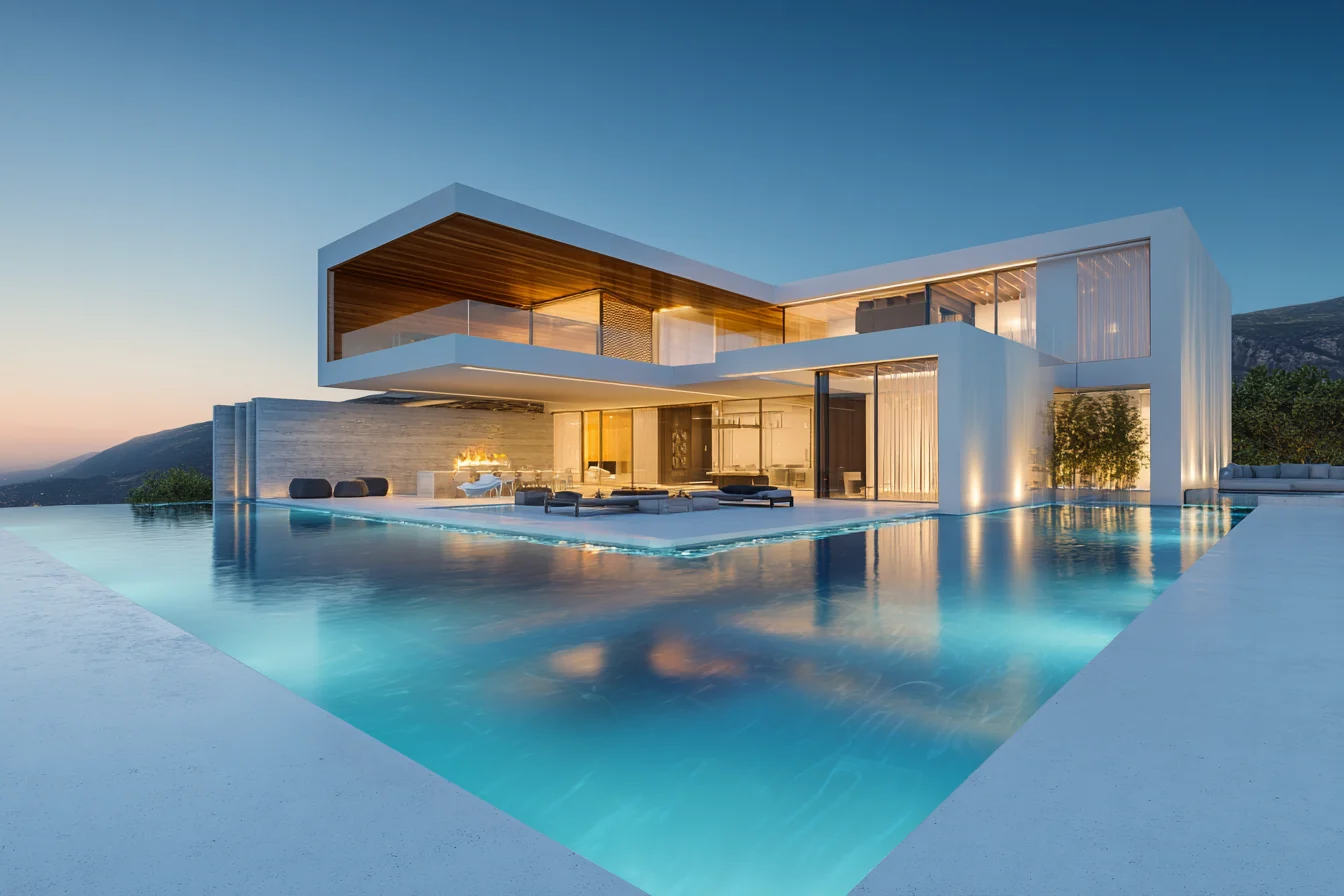 Contemporary glass villa with a swimming pool at twilight