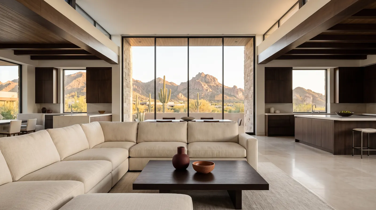 A lounge with a vase of hydrangeas