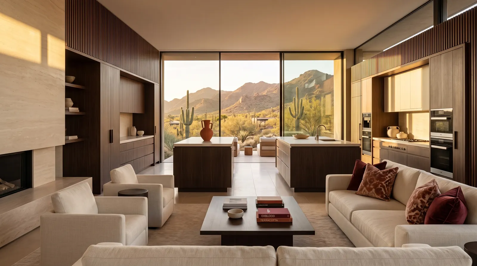 A custom image library. Warm desert light and modern interiors, with the team shown from behind or hands only.