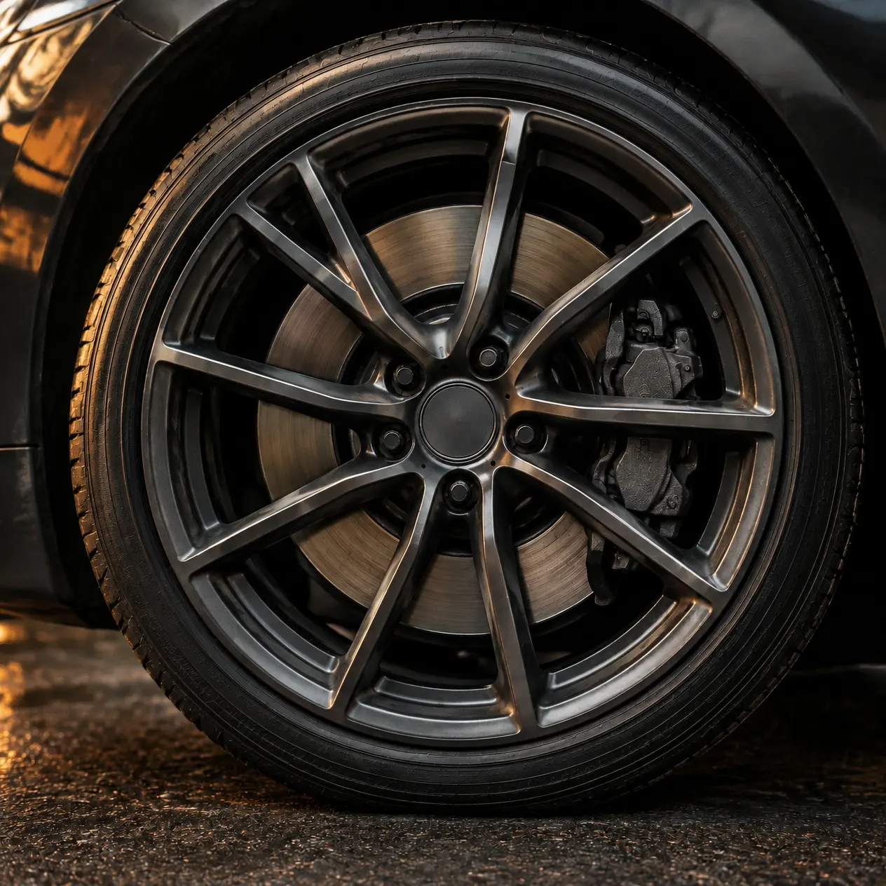 Alloy wheel and brake disc on a sports car