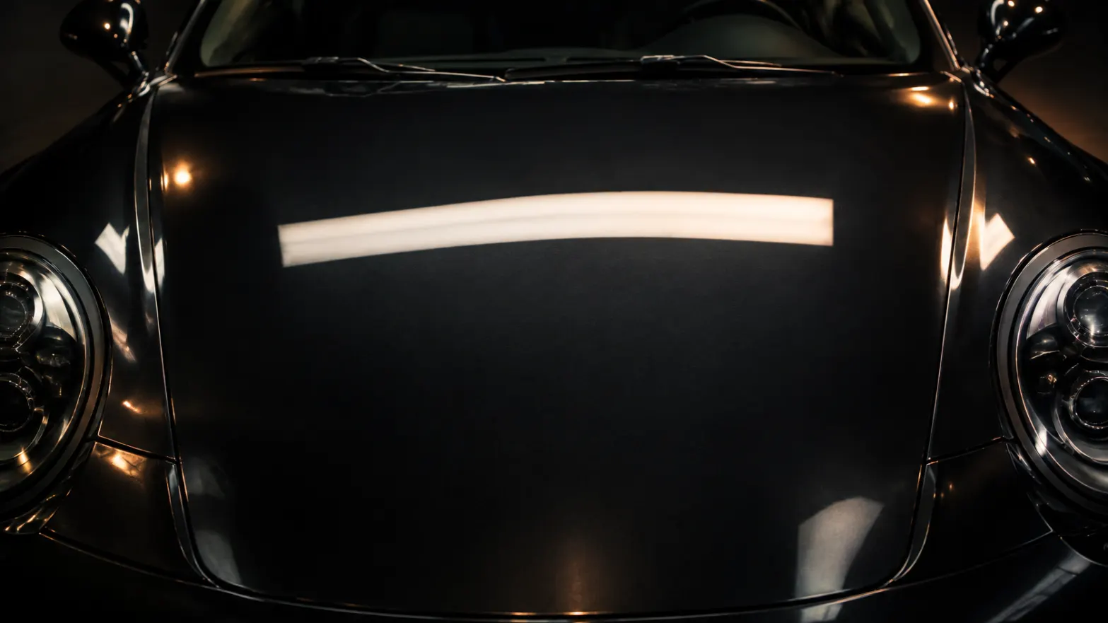 Light bar reflected in a flawless black bonnet