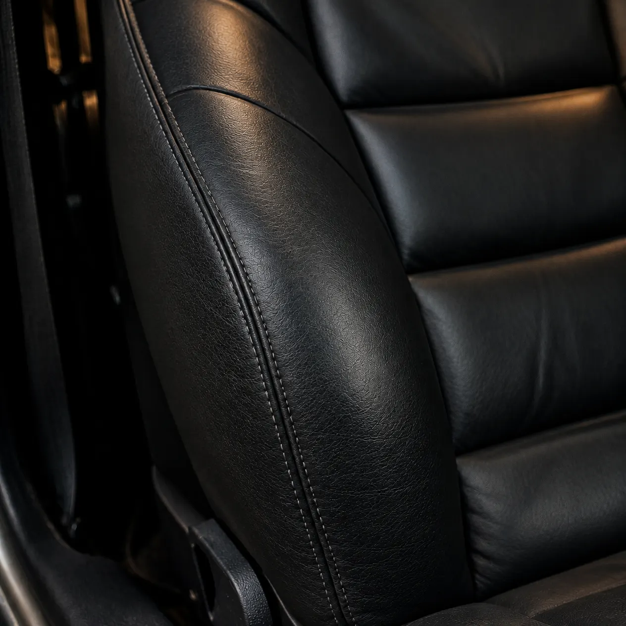 Black leather seat bolster inside a sports car