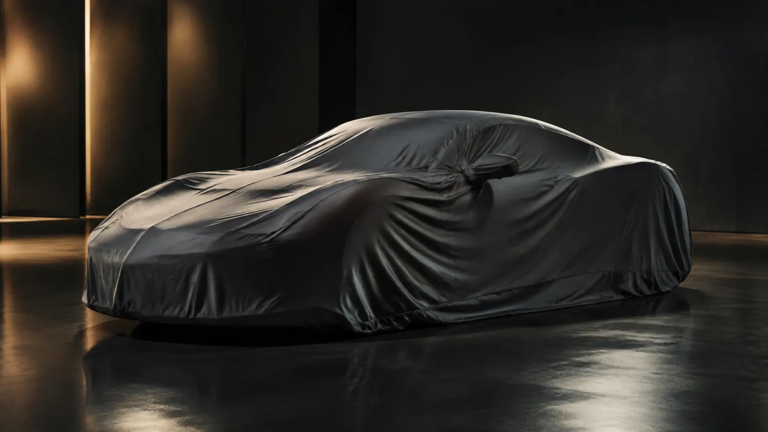 A sports car resting under a satin cover in the Marlow studio