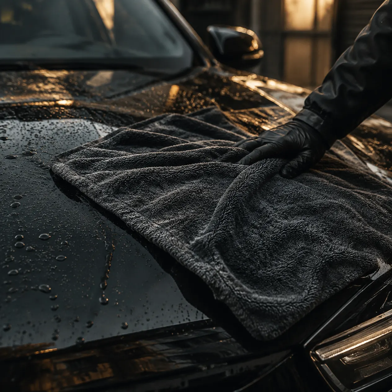 Microfibre towel drying a black bonnet