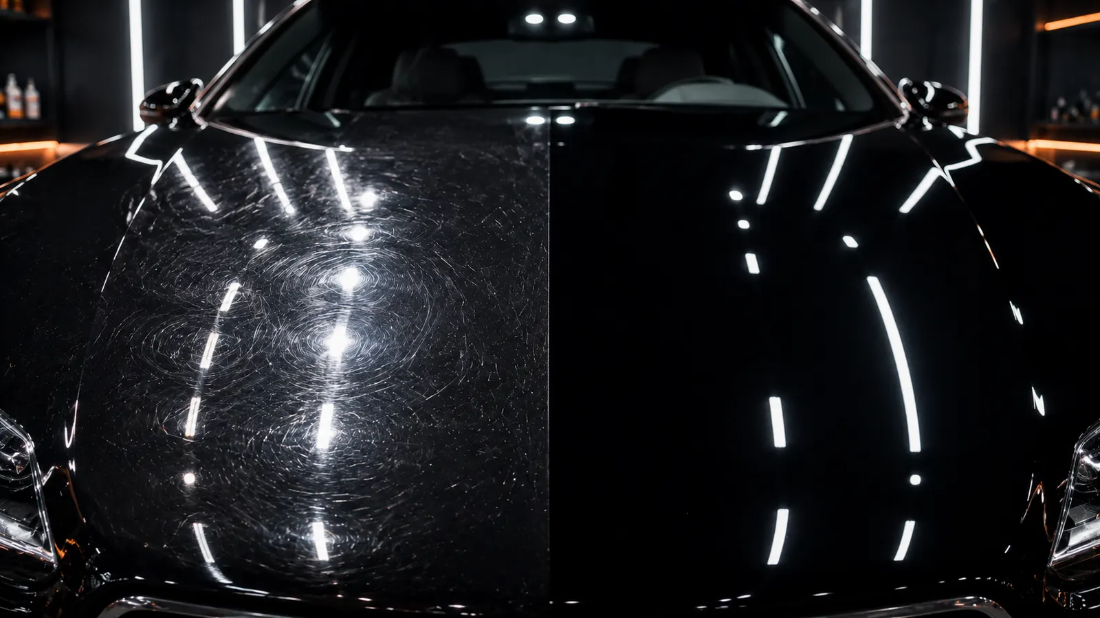Paint correction before and after on a black bonnet