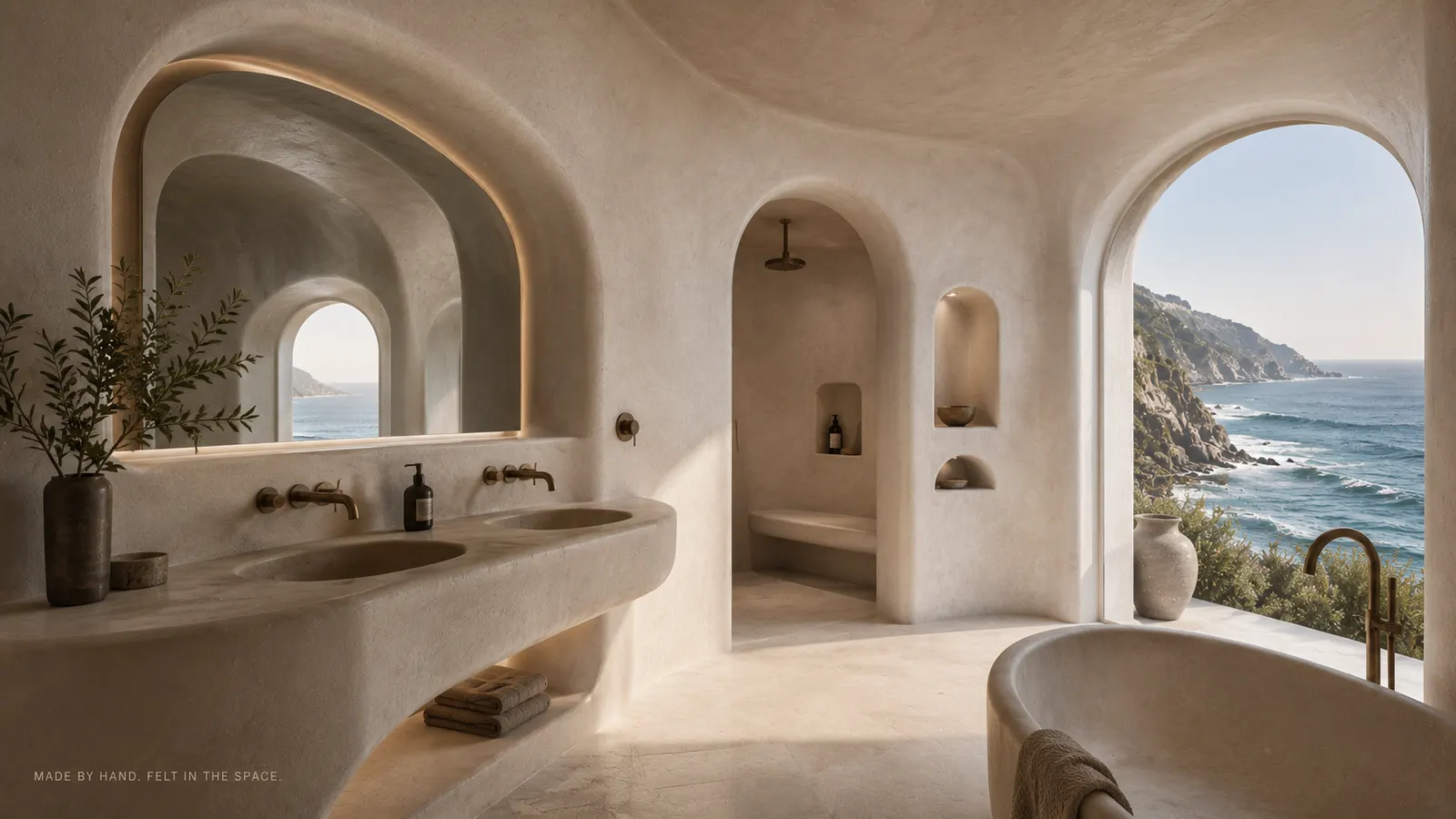 Bathroom in a mineral finish facing the ocean