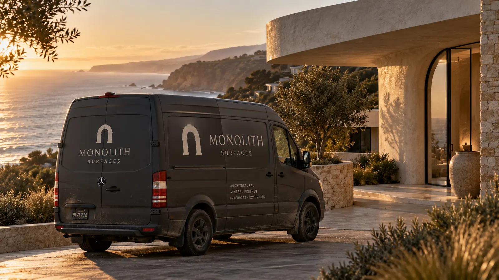 Branded Monolith Surfaces van outside a coastal residence