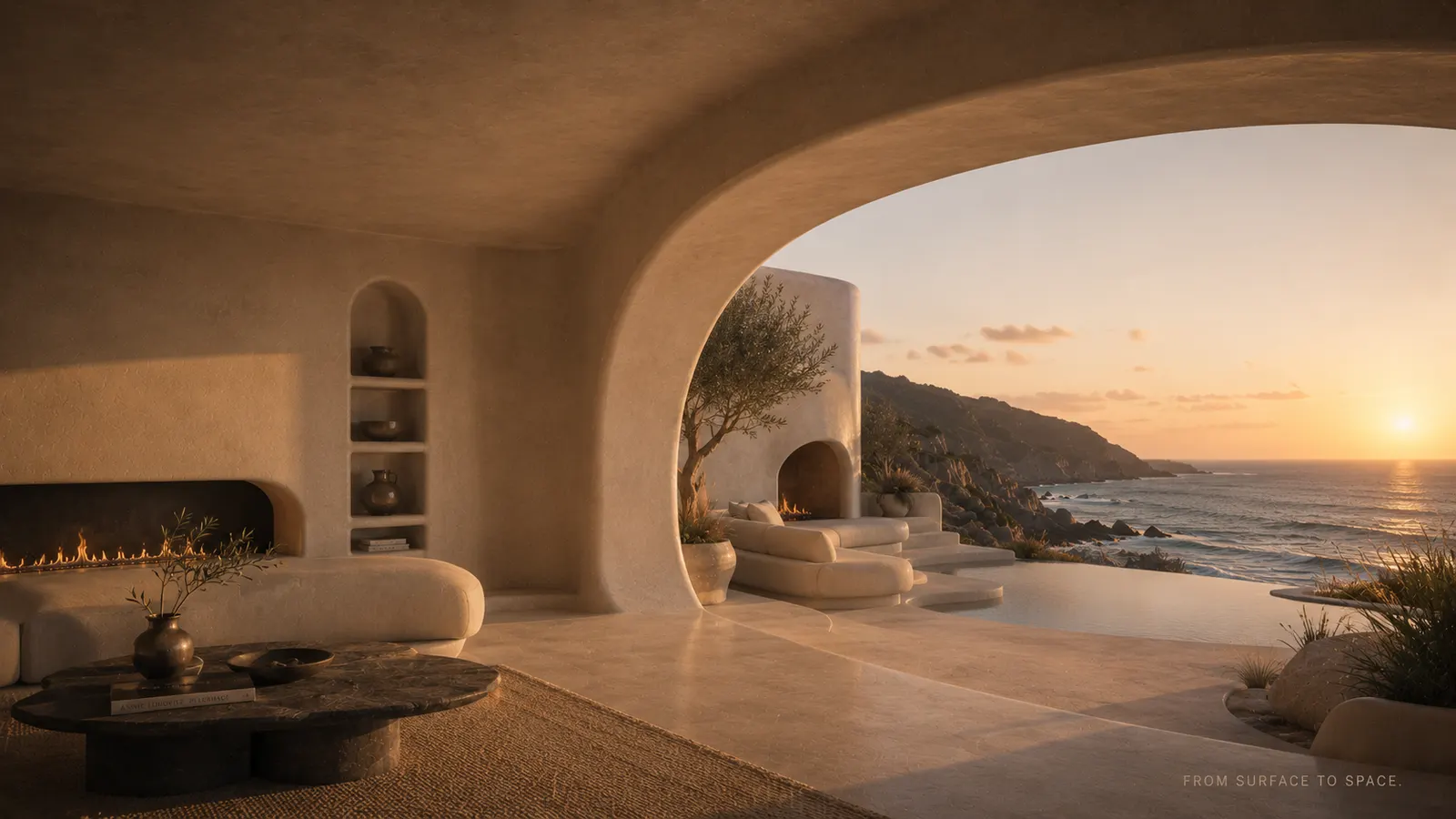 Curved plaster lounge looking out to a sunset