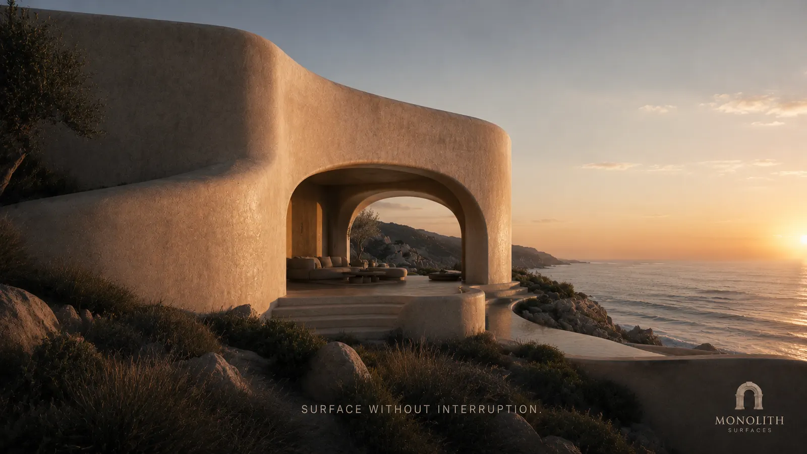 Plastered exterior pavilion at sunset