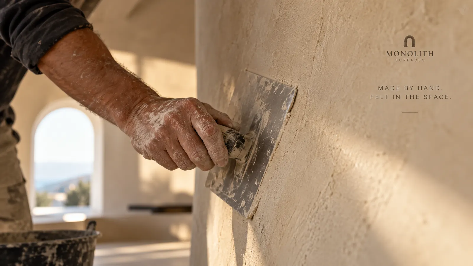 Trowel working plaster onto a wall in close-up