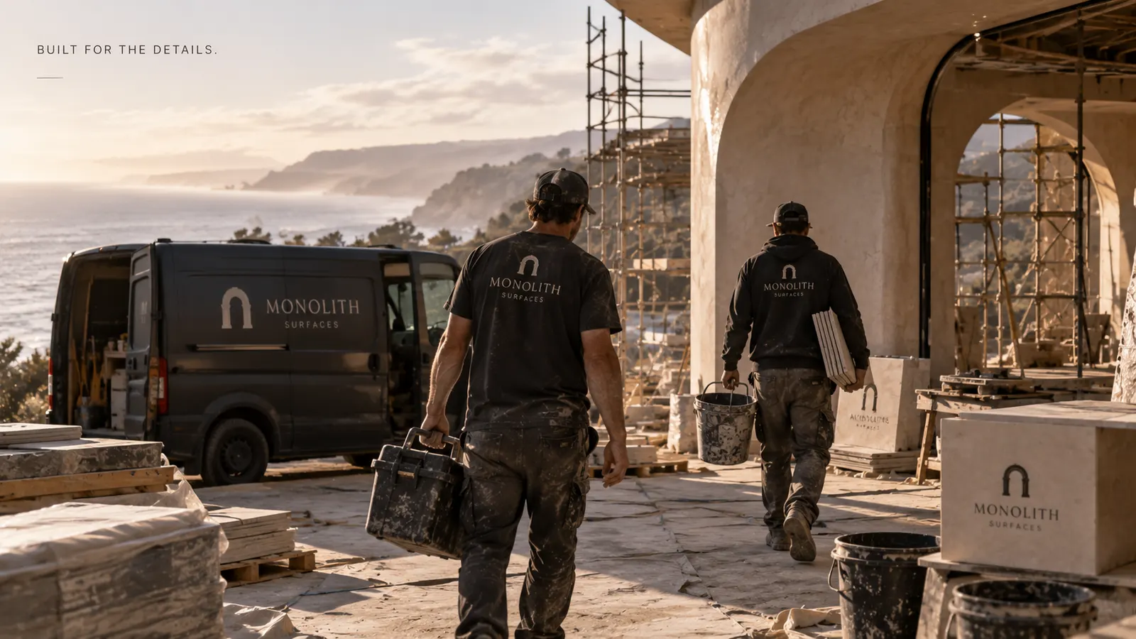 Installation team seen from behind a work van