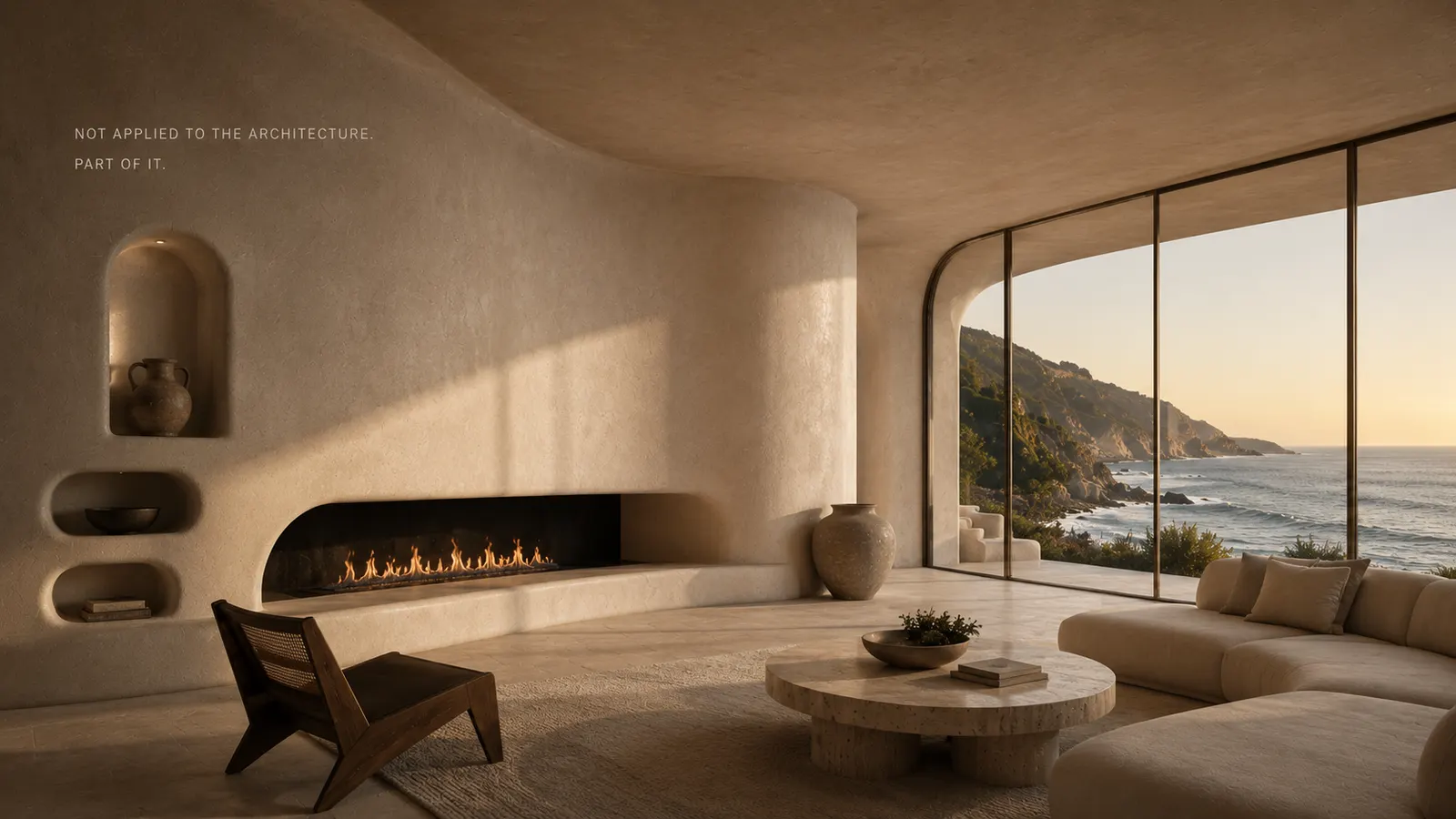 Living room with a linear fireplace and ocean outlook