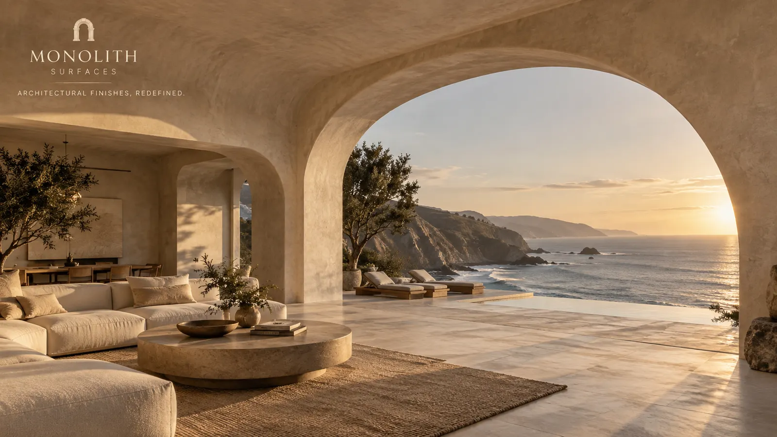 Living room with the Monolith Surfaces logo at sunset