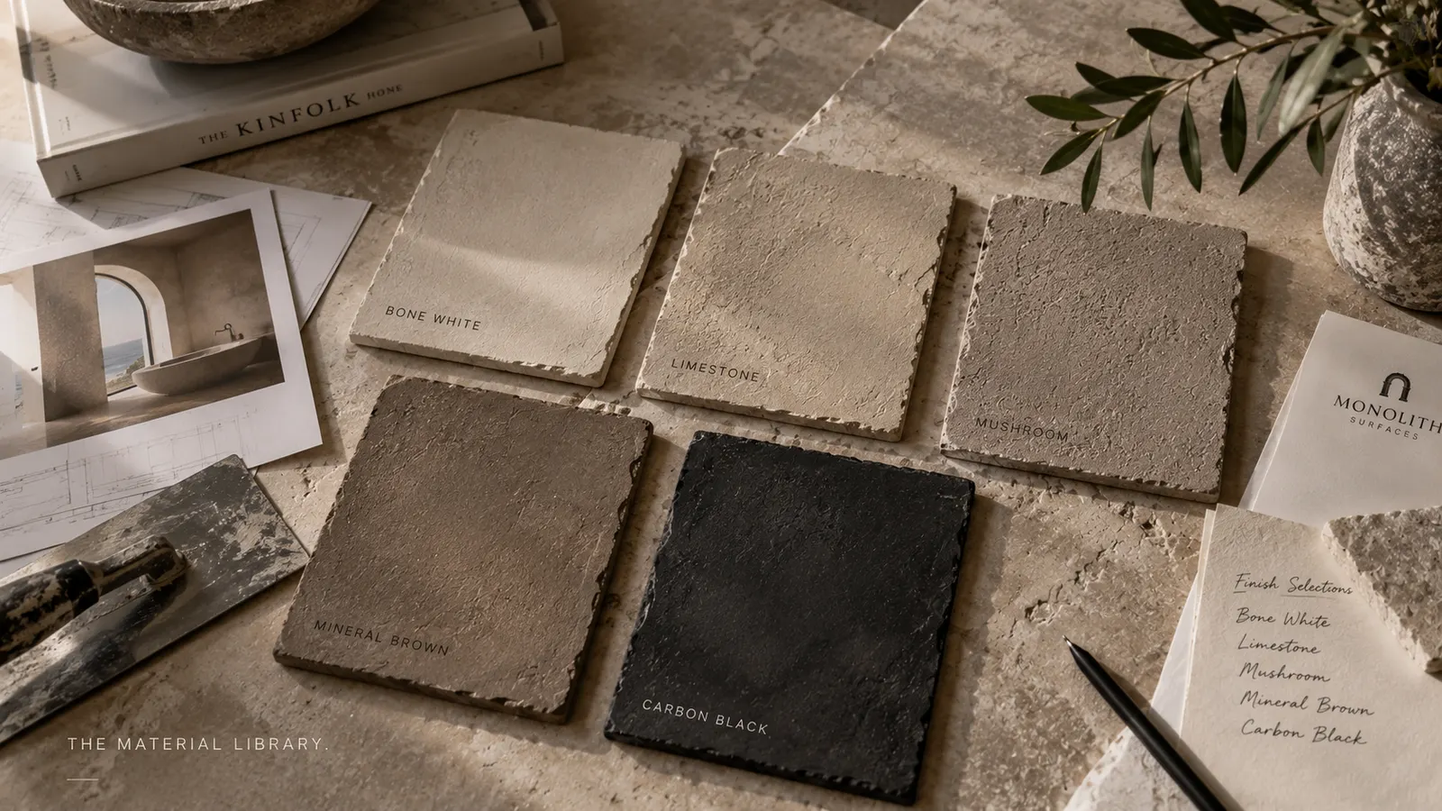 Table of limestone, microcement and plaster finish swatches