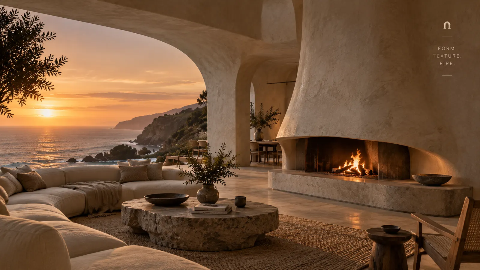 Sculptural plaster fireplace in a lounge at sunset