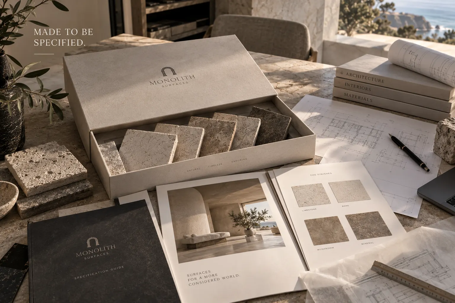 Specification guide of finishes laid out on a table