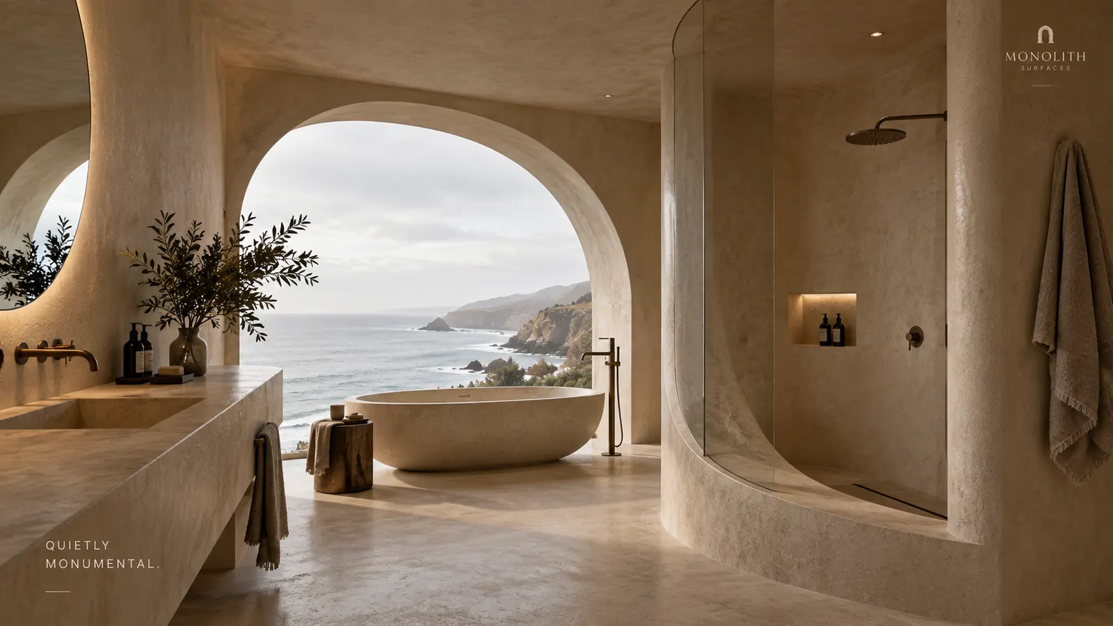 Stone bathroom with a freestanding tub and ocean view