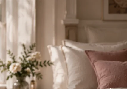 A bedroom styled with soft cushions