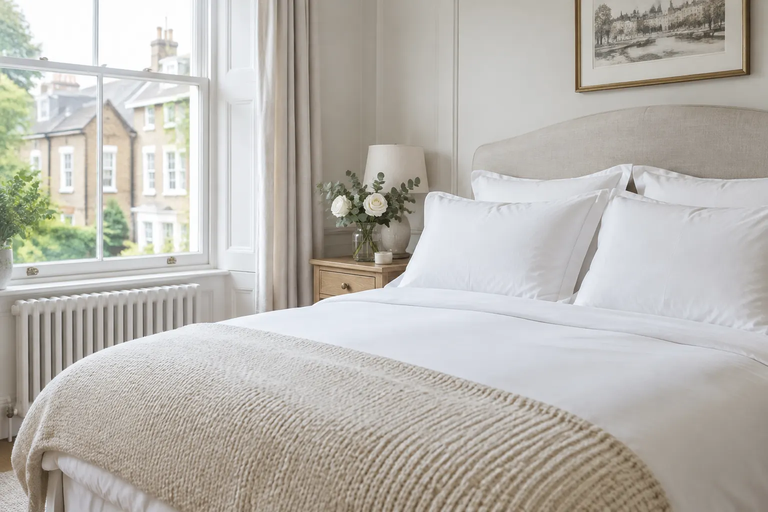 A freshly made bed with crisp linen