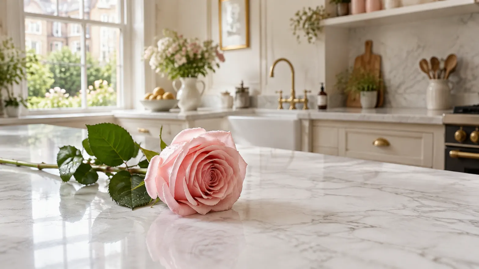 A single blush rose resting on a marble bench