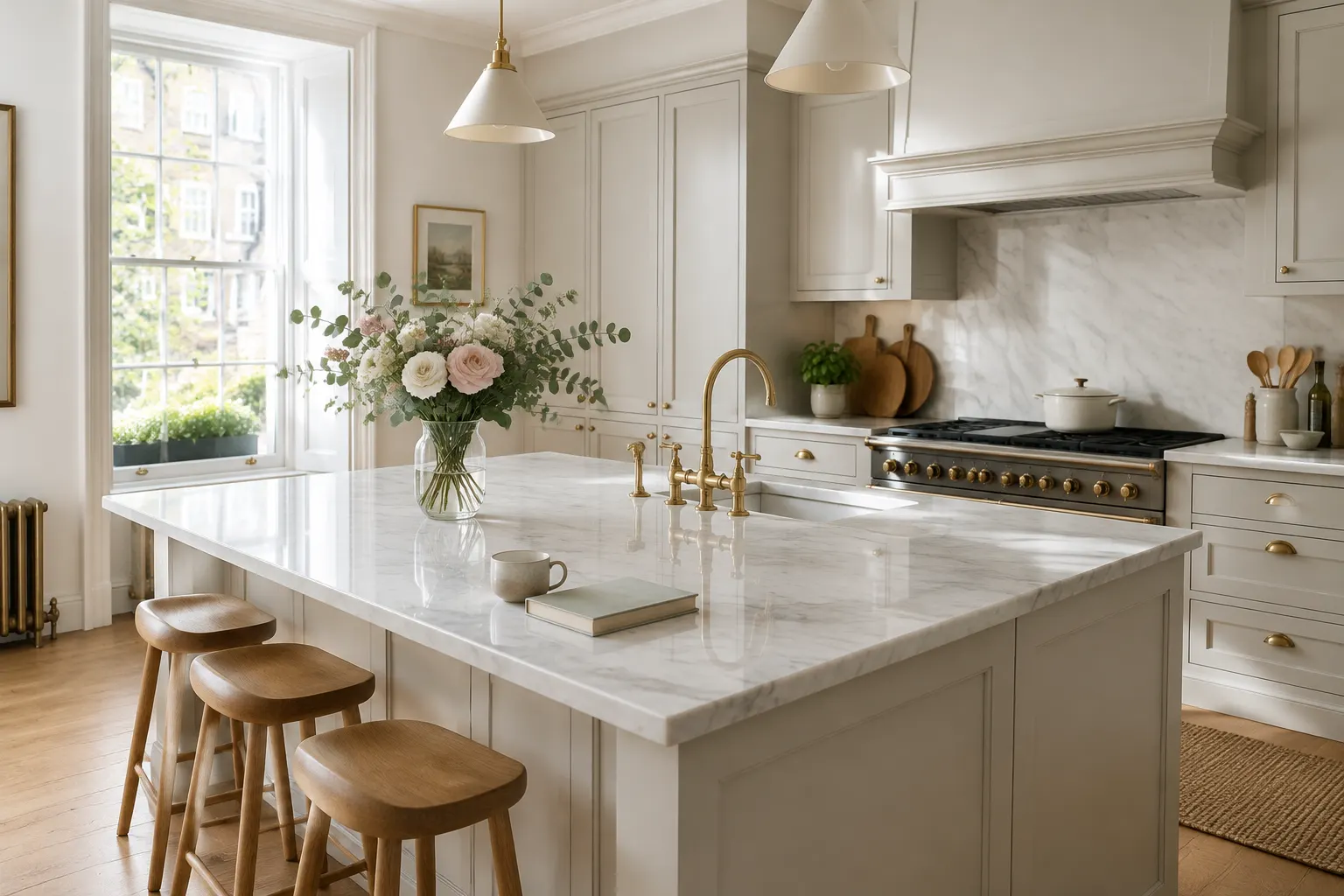 A bright kitchen with a rose bouquet on the bench