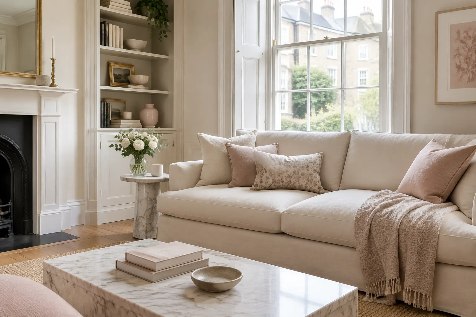 A calm living room dressed in cream linen