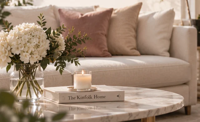 A lounge with a vase of hydrangeas