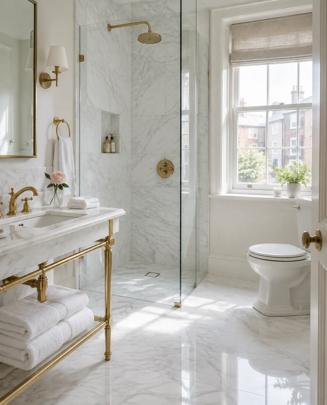 A marble bathroom with a glass shower screen