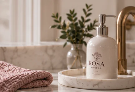 A soap dispenser beside fresh flowers